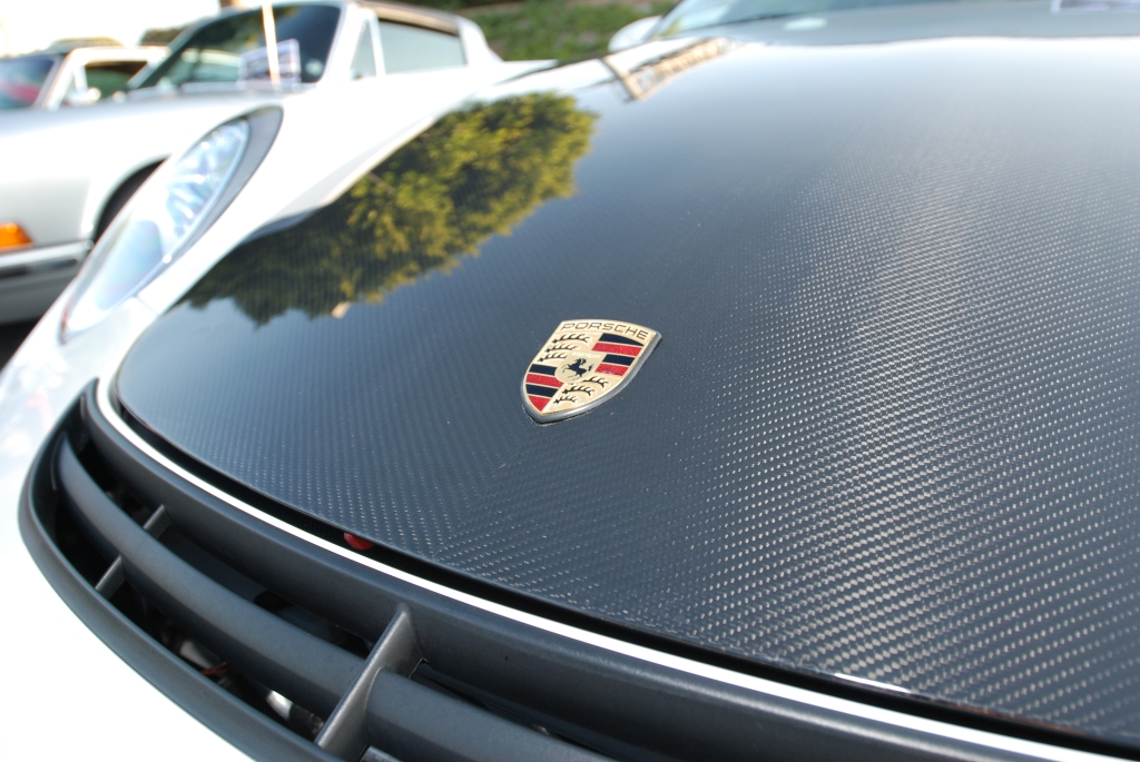 White Porsche 997 GT3 _Carbon fiber hood and Porsche emblem_Cars&Coffee/Irvine_2/18/12