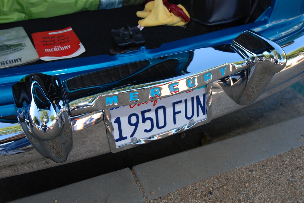 Blue 1950 Mercury coupe_rear bumper reflections_Cars&Coffee/Irvine_3/10/12 