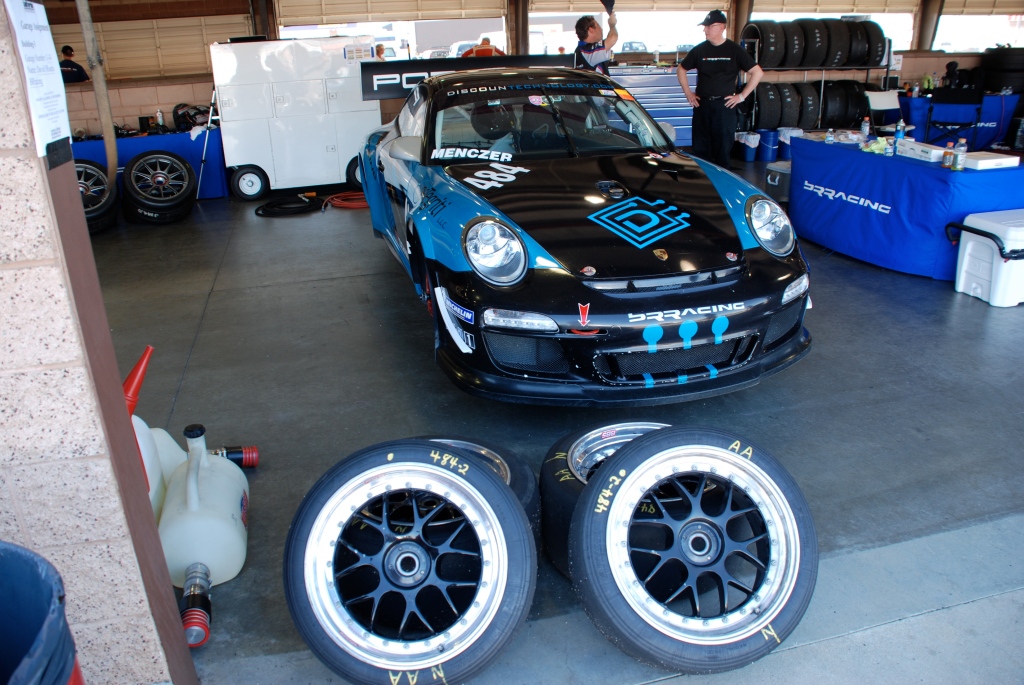 Black & Blue Discountechnology Porsche GT3 cup car_with wheels removed_Festival of Speed_Auto Club Speedway_April 21, 2012