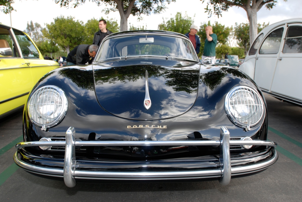 Black Porsche 356A coupe w/green interior_front view with reflections_Cars&Coffee_May 26, 2012