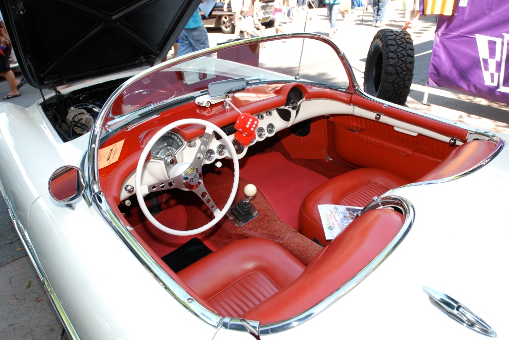 White on red 1955 Corvette_Interior detail_ 12th Annual Uptown Whittier Car Show_August 18, 2012