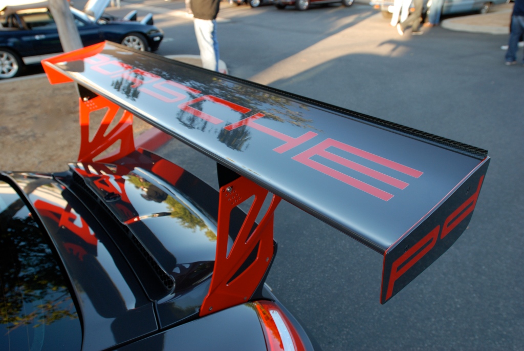 2011 Gray Porsche 911GT3 RS_ Cup car rear wing, uprights and reflections_Cars&Coffee_November 10, 2012