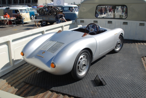 Pale gray Type 2 single cab_w/ silver Porsche 550 Spyder , 3/4 rear view in bed_ OCTO 2013 Winter show_February 23, 2013