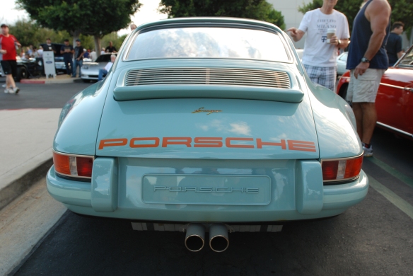 Pale blue Singer Porsche 911_rear view with reflections_Cars&Coffee_August 31, 2013