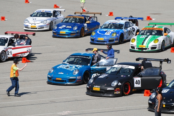 Pirelli GT3 Cup races_ GT3 cup cars queued on the grid, close up view_California Festival of Speed_4/5/14